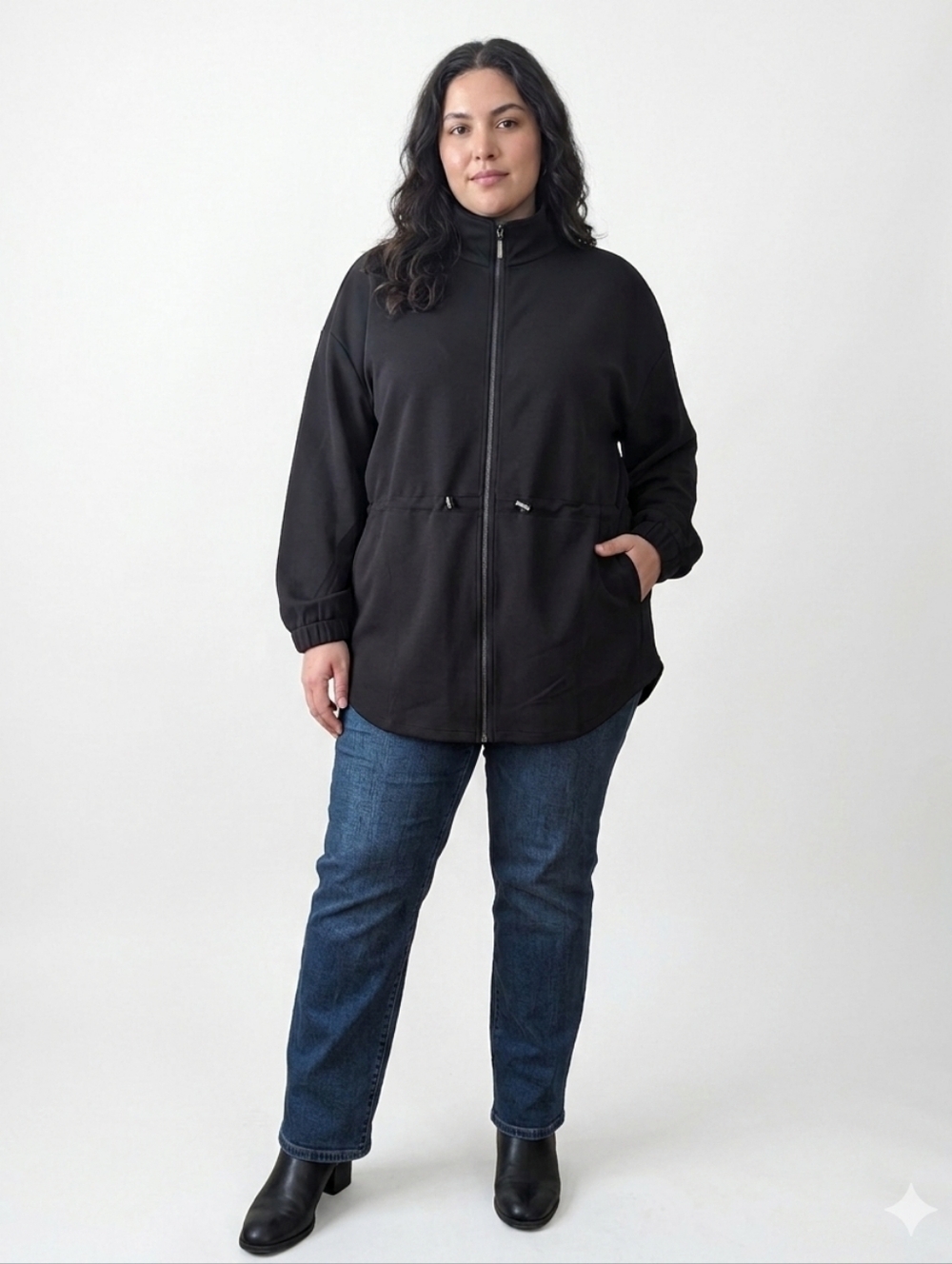 Cable & Gauge Modal Blend Zip Front Adjust Waist Jacket Funnel Neck Black 2X NWT